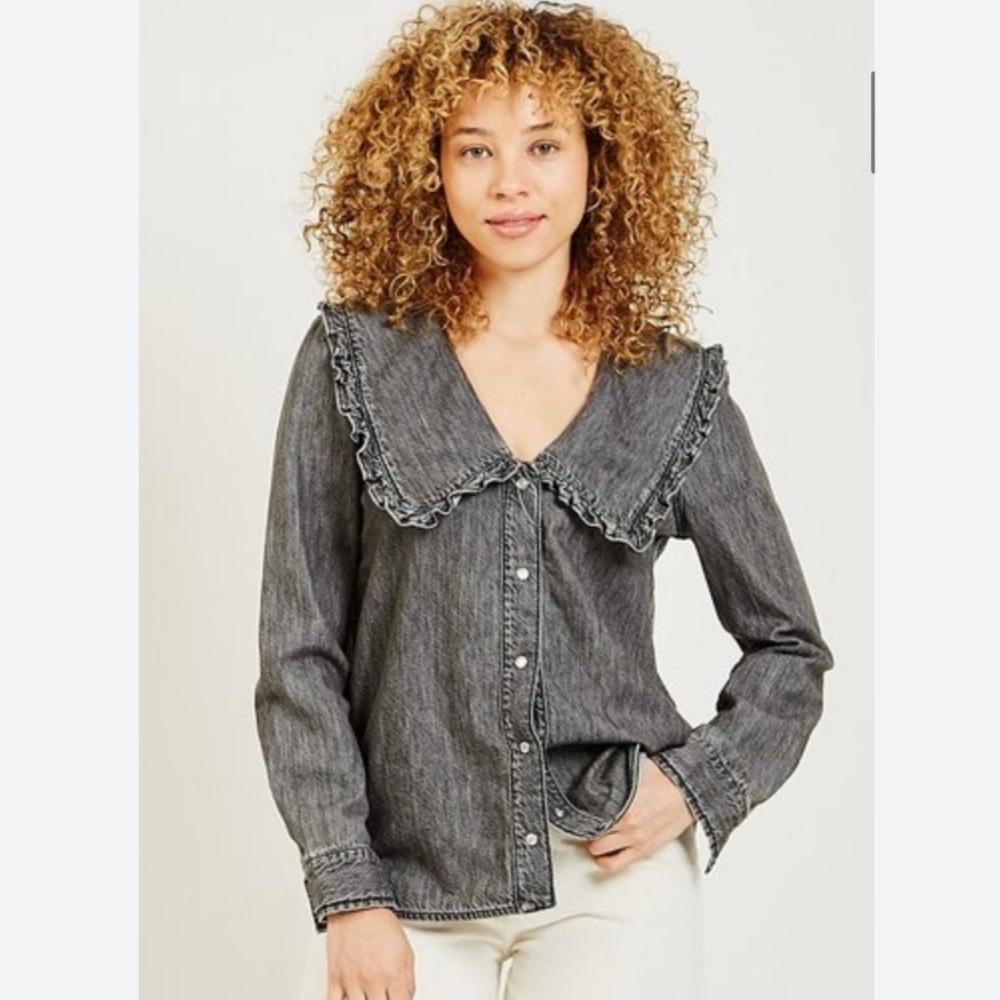 GANNI denim shirt ruffle collar Size 36 NEW RARE